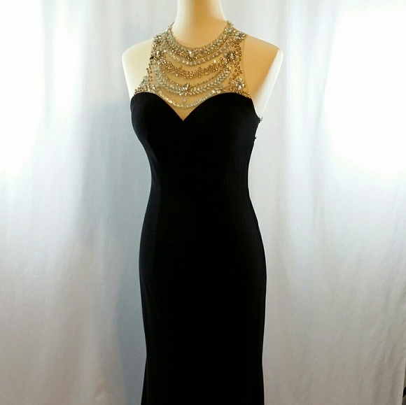 Milano Formals Dresses & Skirts - Milano Formals Black Beaded Halter Illusion Gown